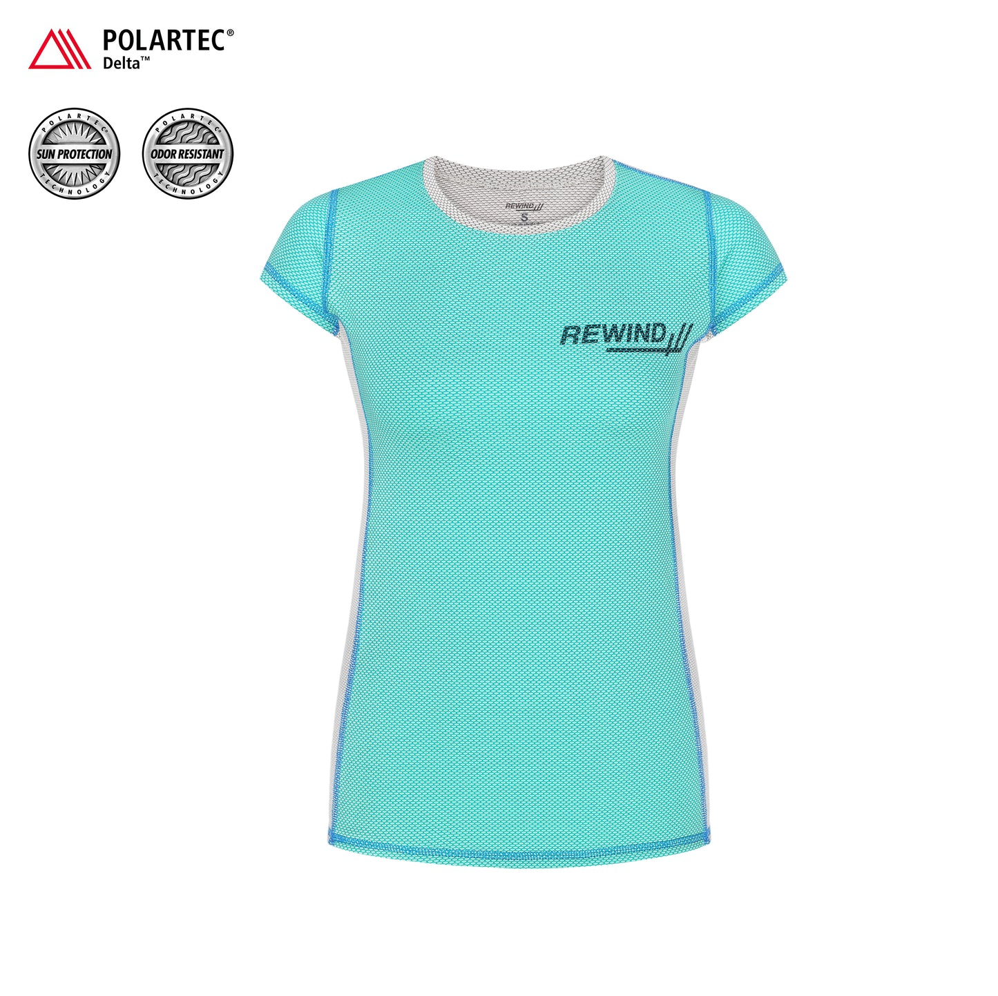 Women's cooling t-shirt for tennis, sport & active life: Polartec Delta & custom design. This is REwind